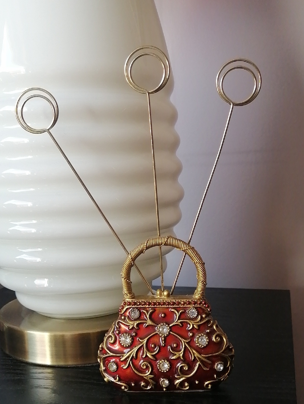 Enameled Jeweled Purse Brass Card Memo Photo Holder Desk Decor Paper Weight